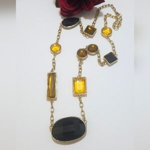 Gold Plated Chunky Mondern Black & Amber Lucite Crystal Necklace 36" Long